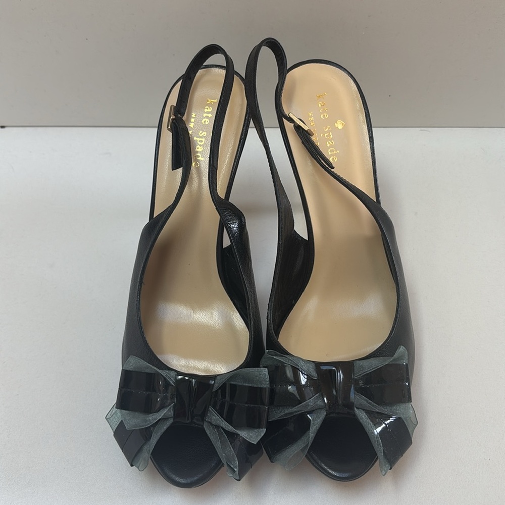 Kate Spade New York Black Peep-Toe Sling-back Heels with Bow Size 8 Feminine